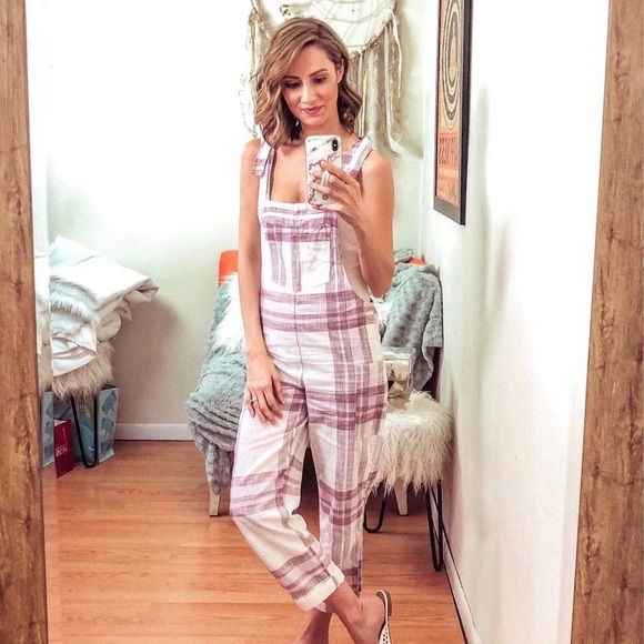 Aerie Plaid Shoulder Tie Straps Cropped Cargo Style Jumpsuit Size S - Picture 3 of 9